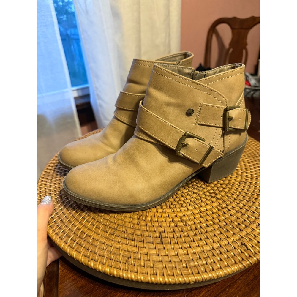 Sugar Jasmine Tan Buckle Ankle Boots Womens 8.5M Block Heel Side Zip Booties